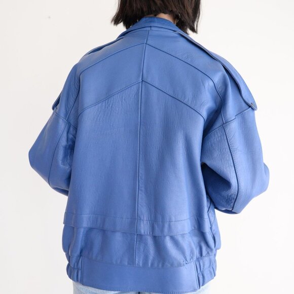 Women's Blue Leather Jacket - Picture 4 of 14